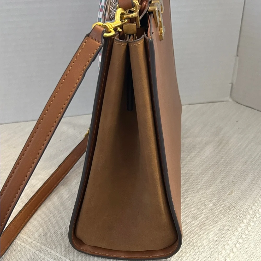 Tory Burch $700 Tan Eleanor Spazoletto Satchel with Gold Logo and Ribbon